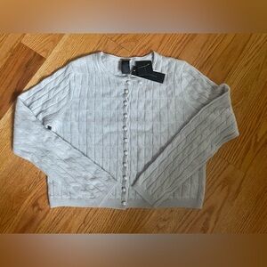 NWT Magaschoni 100% Cashmere Cardigan Cropped Cable Knot Sweater-Faded Sky-Med
